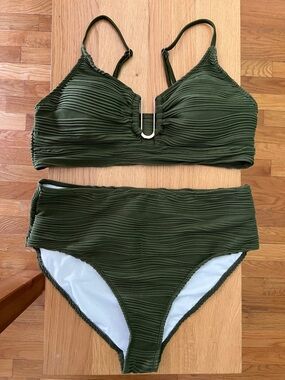 Olive Green Textured High-Waist Bikini Set